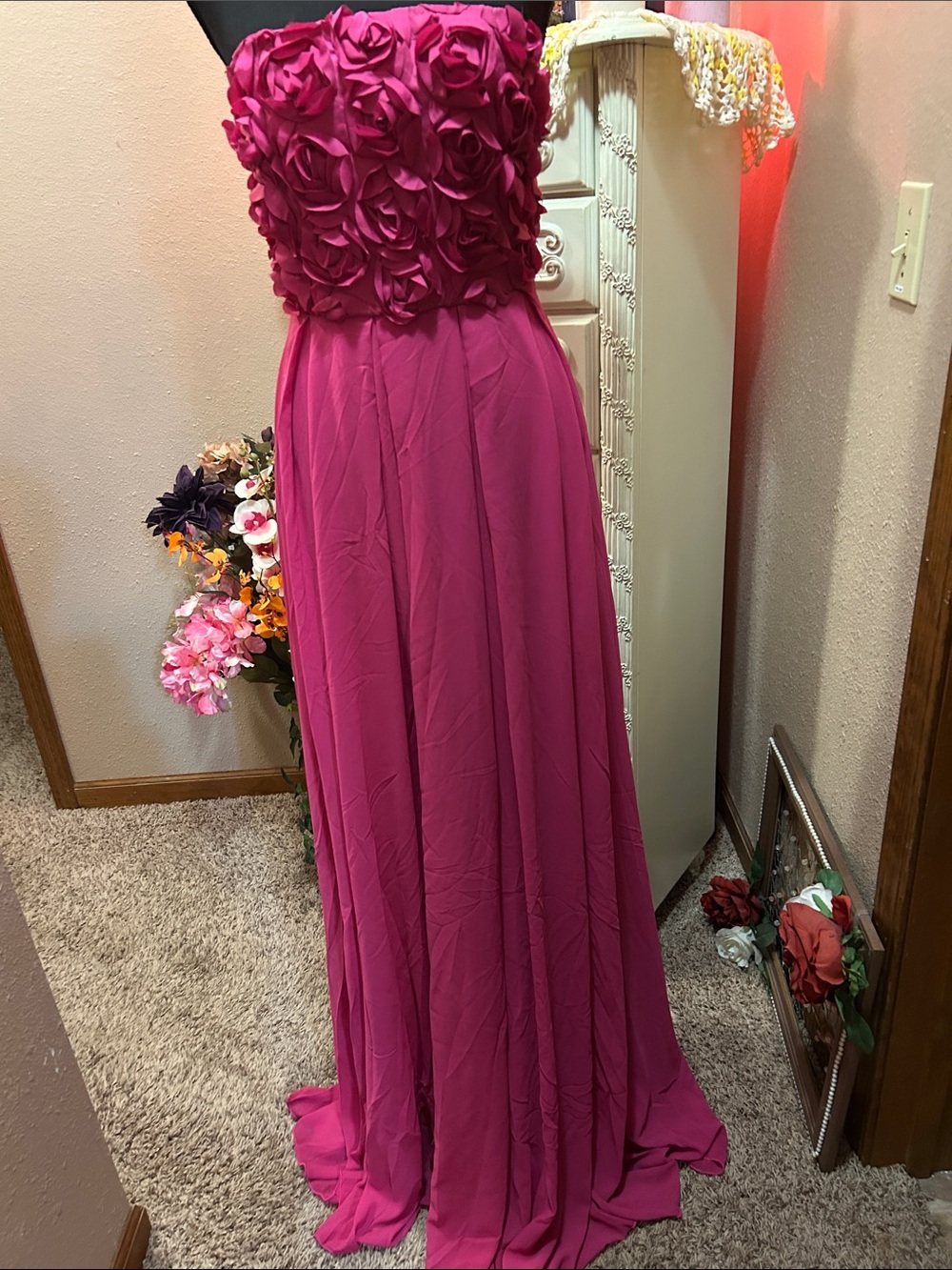 Strapless Fuchsia Rose-Appliqué Evening Gown